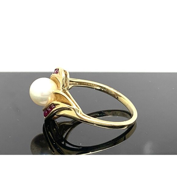 Pearl Red Gemstone Cocktail Ring 10k Yellow Gold Estate Jewelry Women's Size 7 - Picture 2 of 14